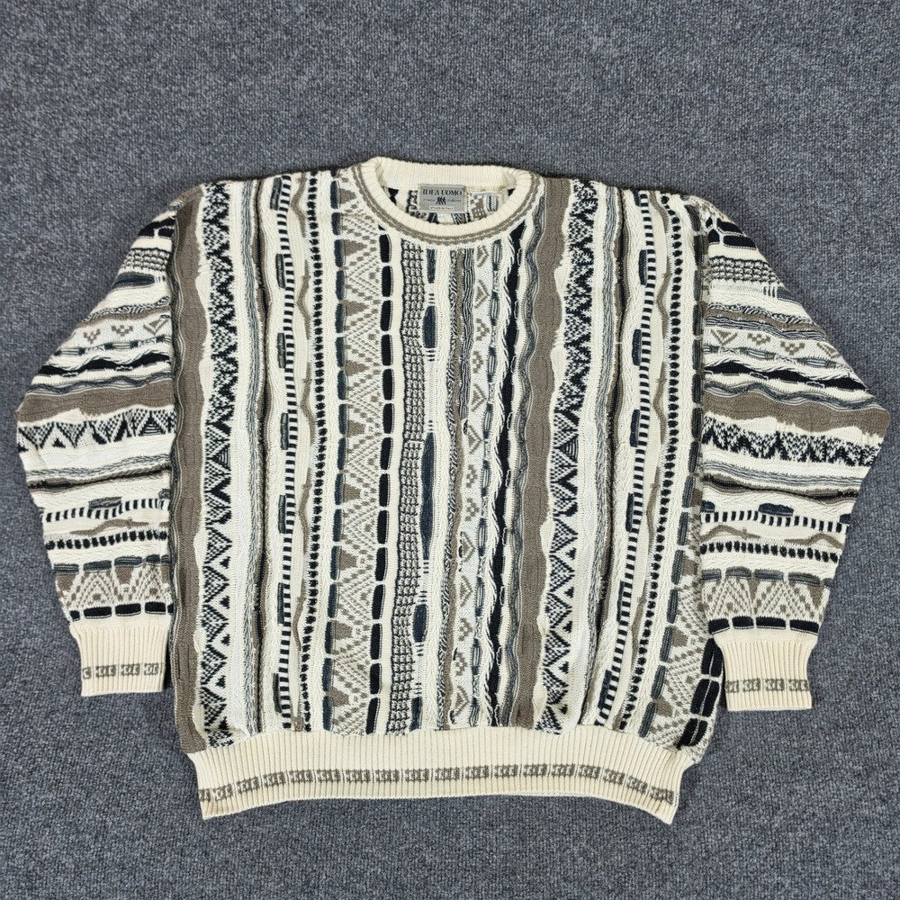 Idea Uomo Vintage 90s 3D Textured Knit Sweater Mens 2XL Cream Brown Coogi Style